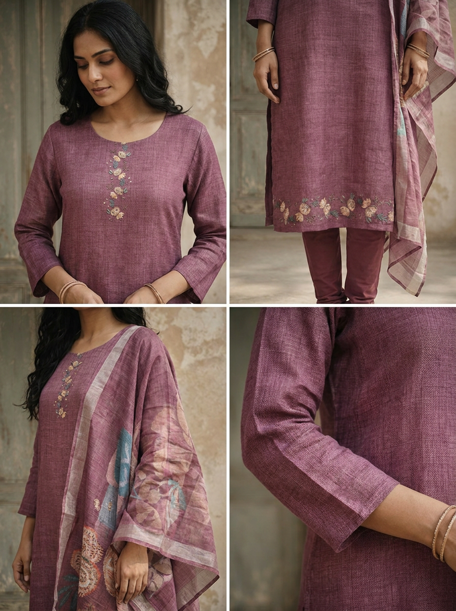 Onion Linen Solid With Floral Printed Three Piece Set