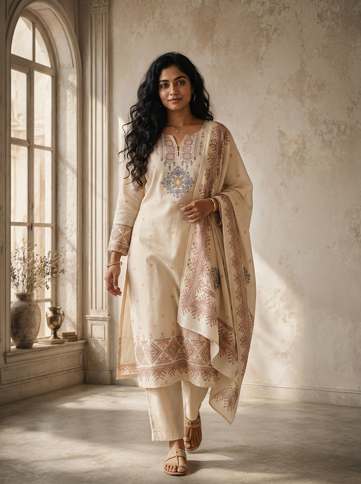 Off White Linen Tribal Diamond Printed Three Piece Set