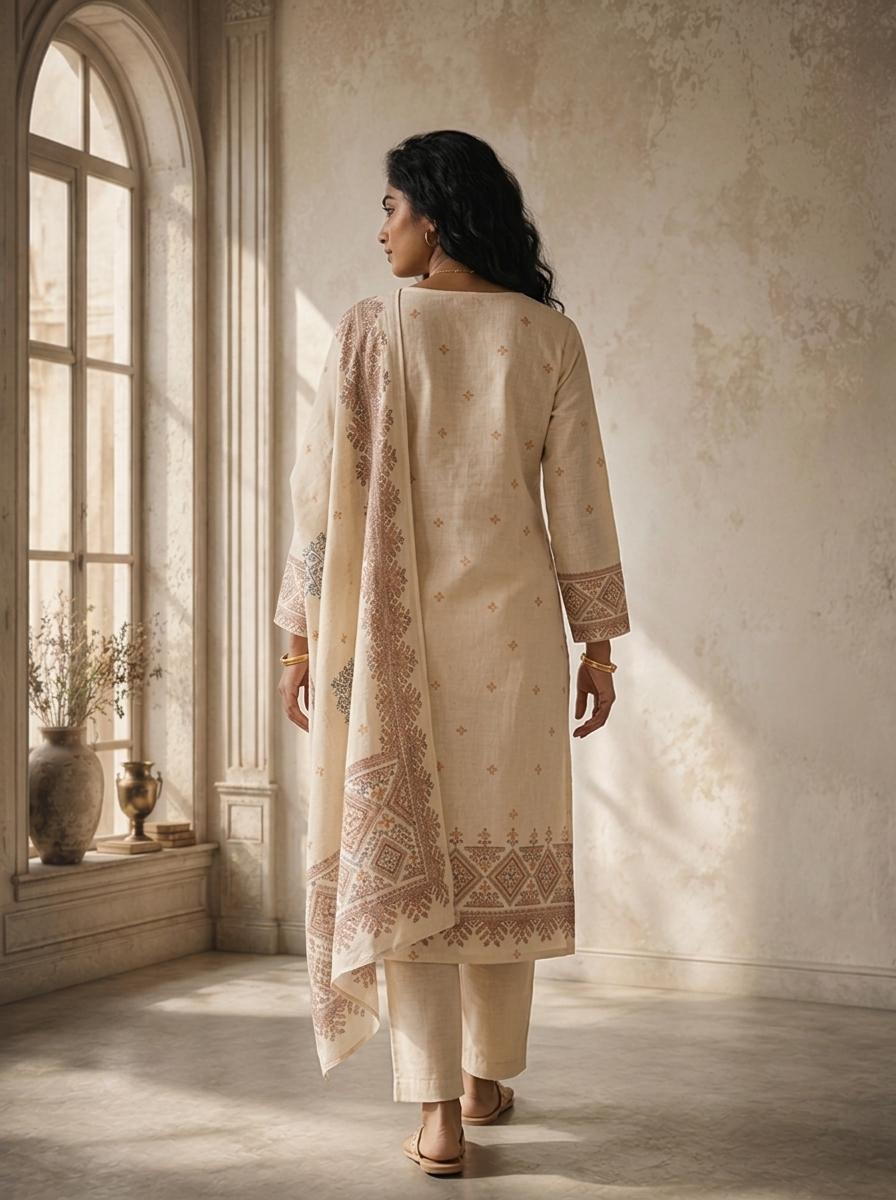 Off White Linen Tribal Diamond Printed Three Piece Set