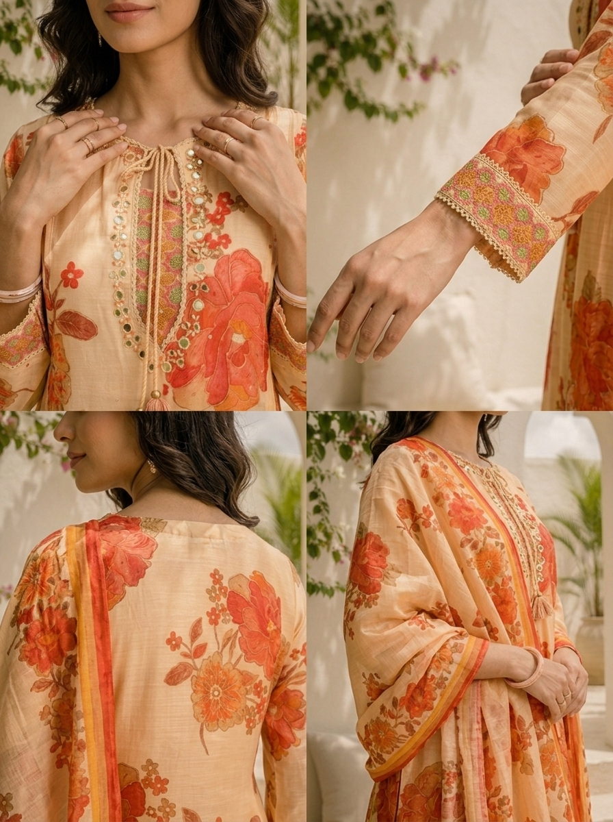Red Muslin Large Floral Digital Printed Three Piece Set
