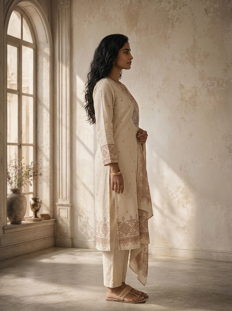 Off White Linen Tribal Diamond Printed Three Piece Set