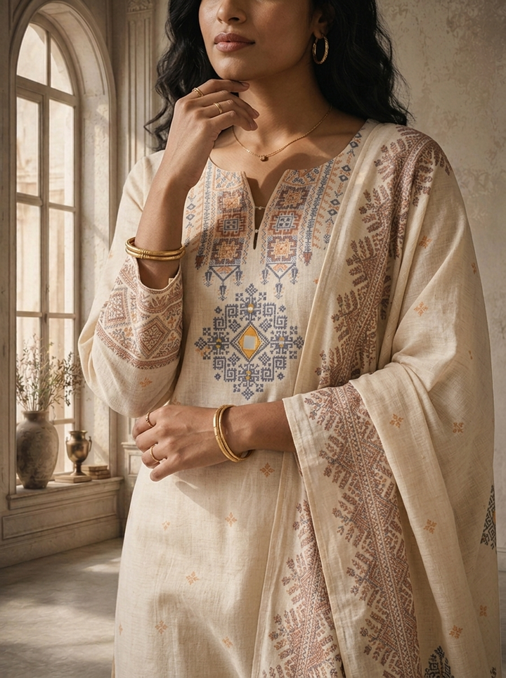 Off White Linen Tribal Diamond Printed Three Piece Set