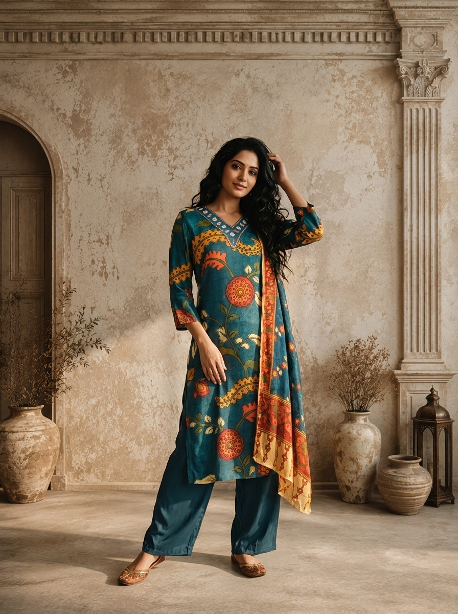 Blue Muslin Kalamkari Floral Jaal Printed Three Piece Set