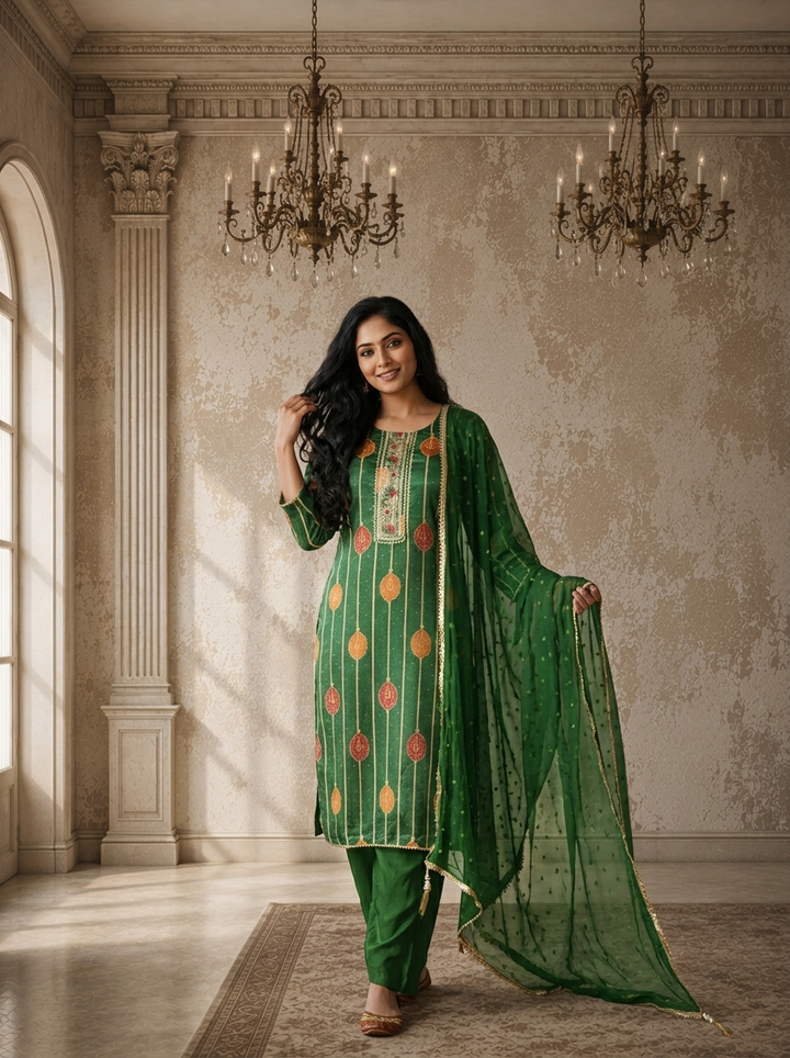 Green Crepe Kalga Motif Printed Three Piece Set