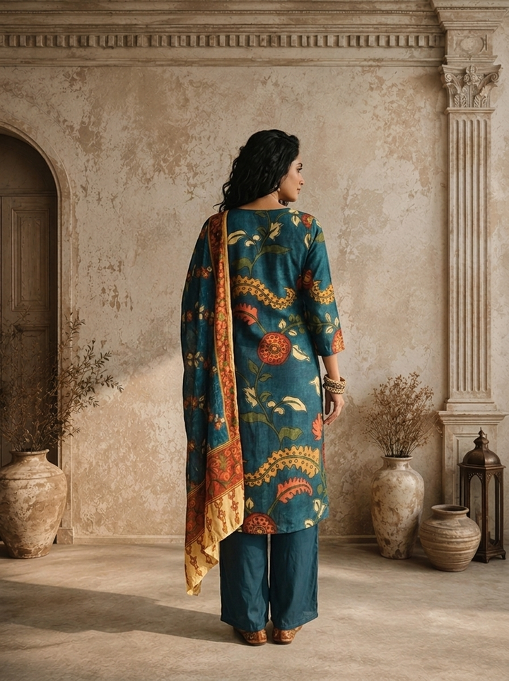 Blue Muslin Kalamkari Floral Jaal Printed Three Piece Set