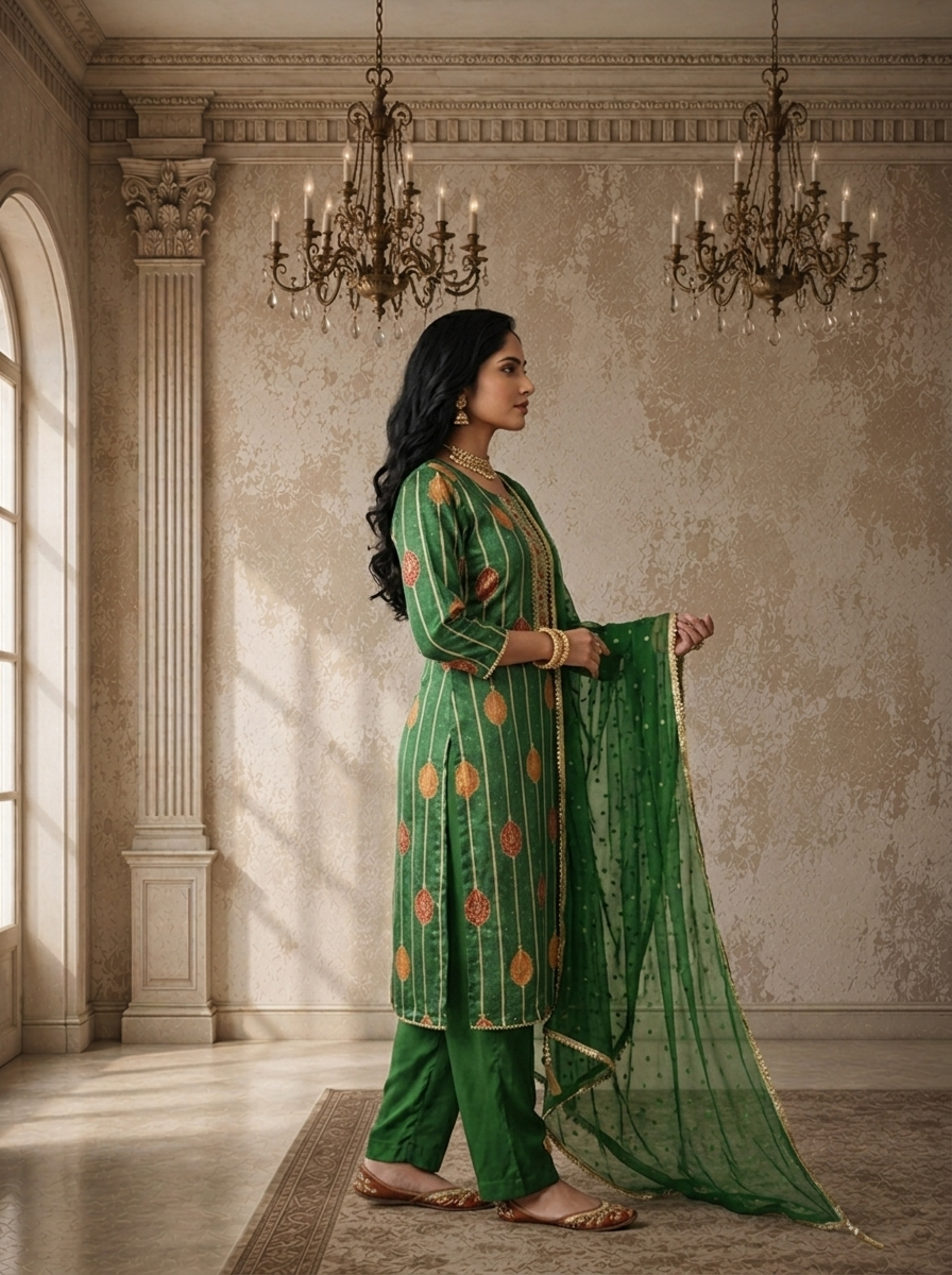 Green Crepe Kalga Motif Printed Three Piece Set