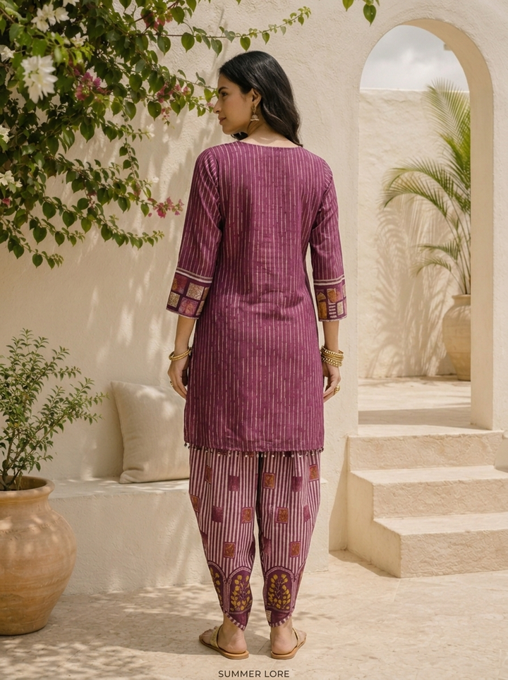 Wine Crepe Ajrakh Printed Two Piece Set