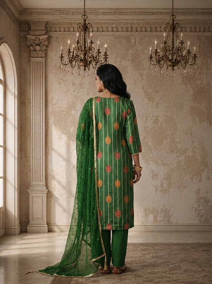 Green Crepe Kalga Motif Printed Three Piece Set
