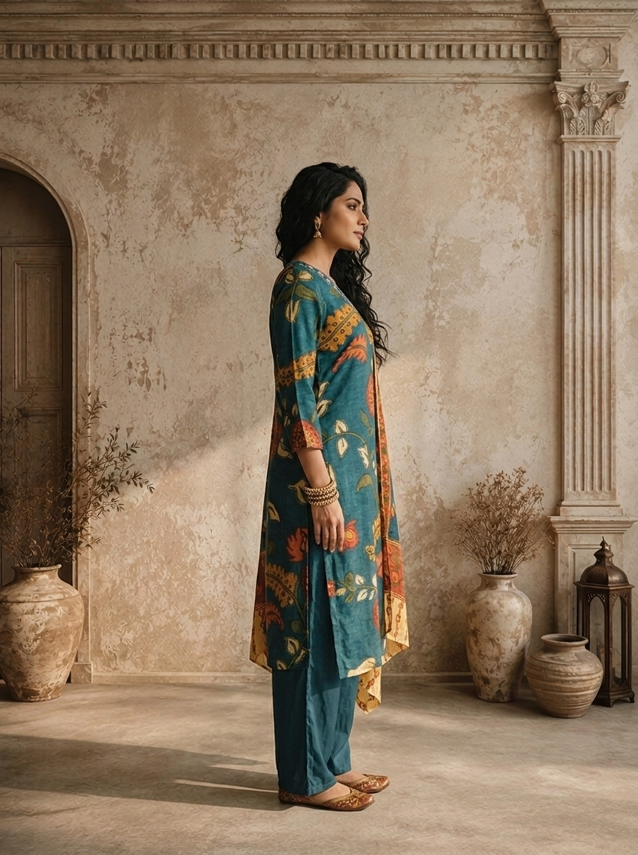 Blue Muslin Kalamkari Floral Jaal Printed Three Piece Set