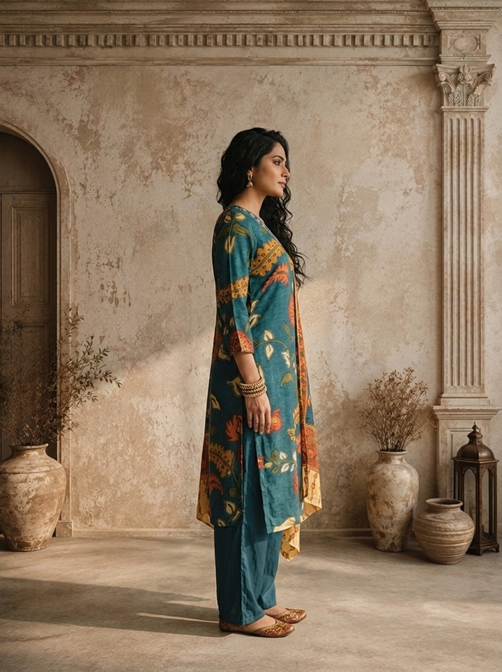 Blue Muslin Kalamkari Floral Jaal Printed Three Piece Set