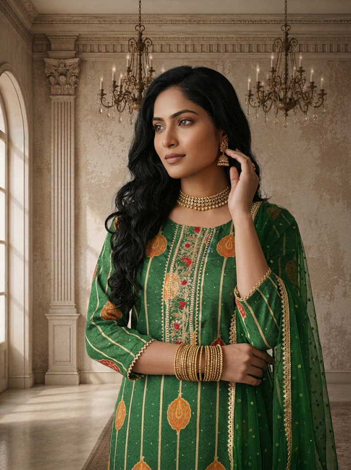 Green Crepe Kalga Motif Printed Three Piece Set