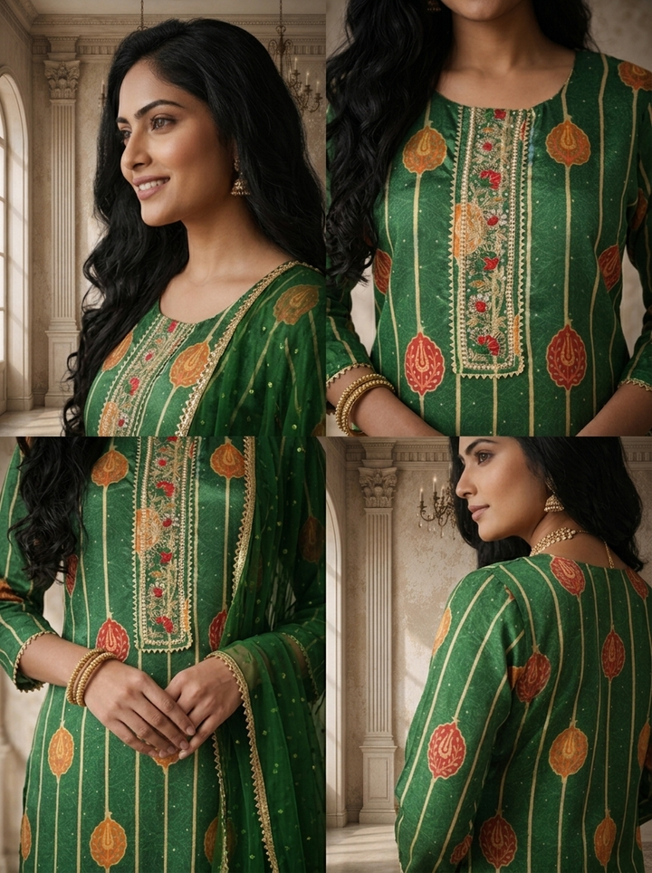 Green Crepe Kalga Motif Printed Three Piece Set