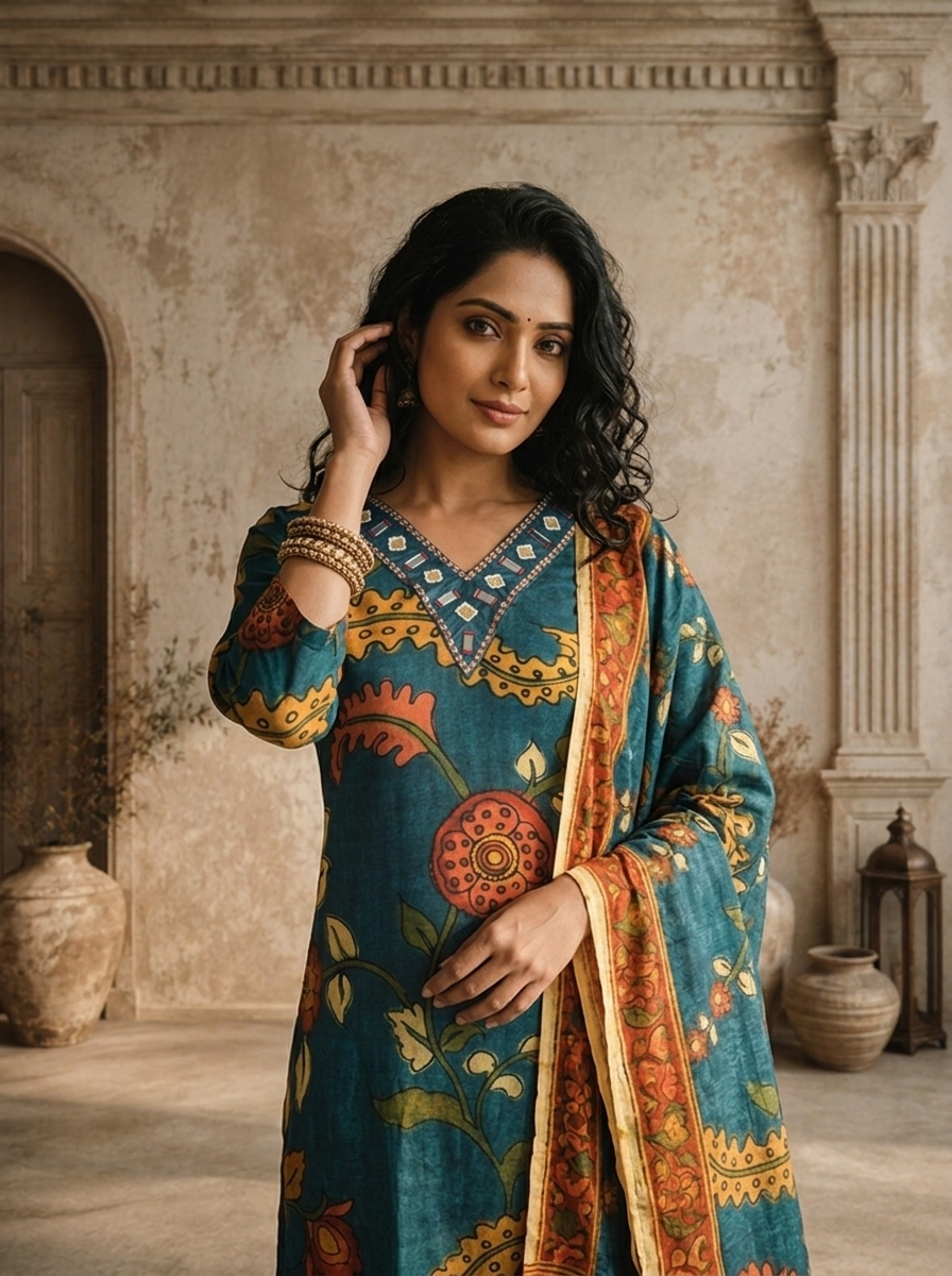 Blue Muslin Kalamkari Floral Jaal Printed Three Piece Set