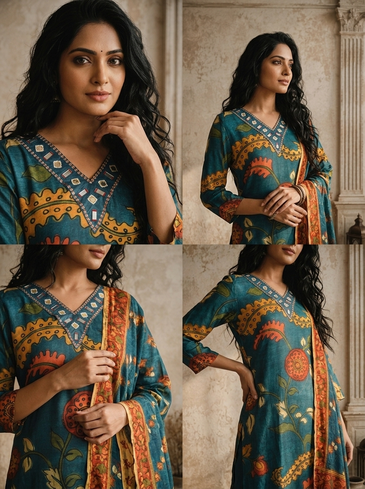 Blue Muslin Kalamkari Floral Jaal Printed Three Piece Set