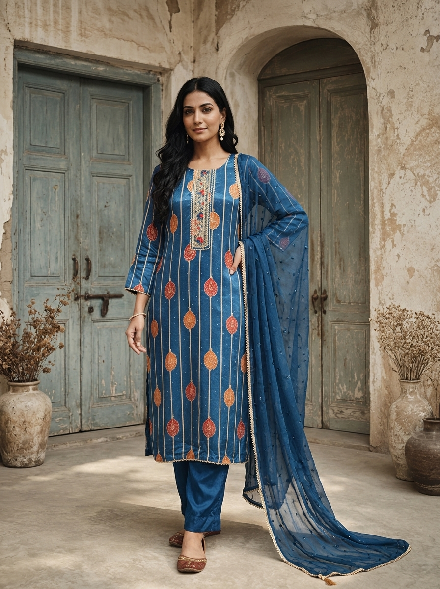 Blue Crepe Kalga Motif Printed Three Piece Set