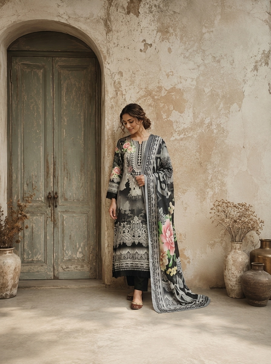 Black Rayon Ethnic Motif Printed Three Piece Set
