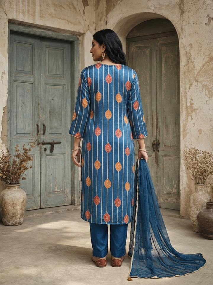 Blue Crepe Kalga Motif Printed Three Piece Set