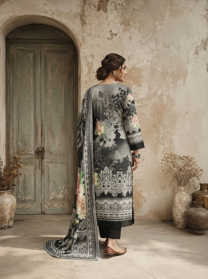 Black Rayon Ethnic Motif Printed Three Piece Set