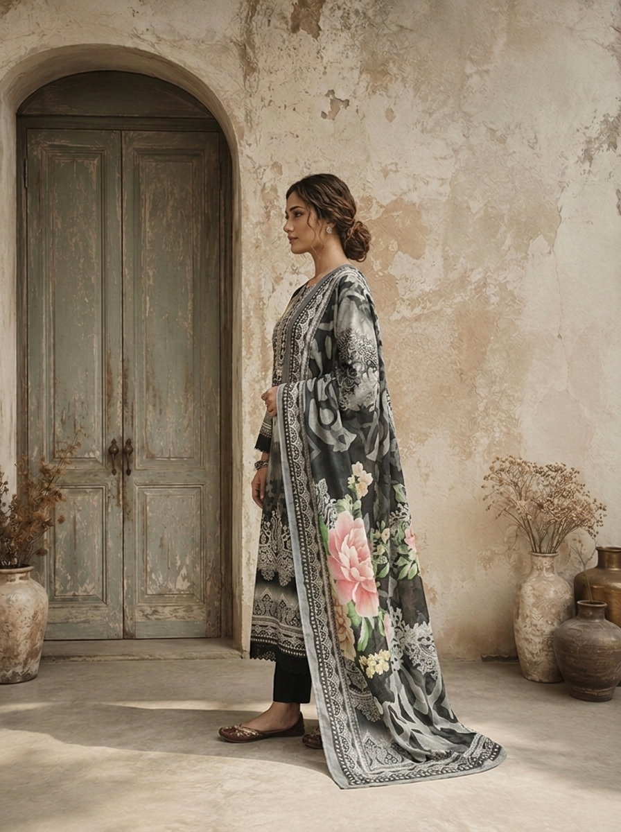 Black Rayon Ethnic Motif Printed Three Piece Set