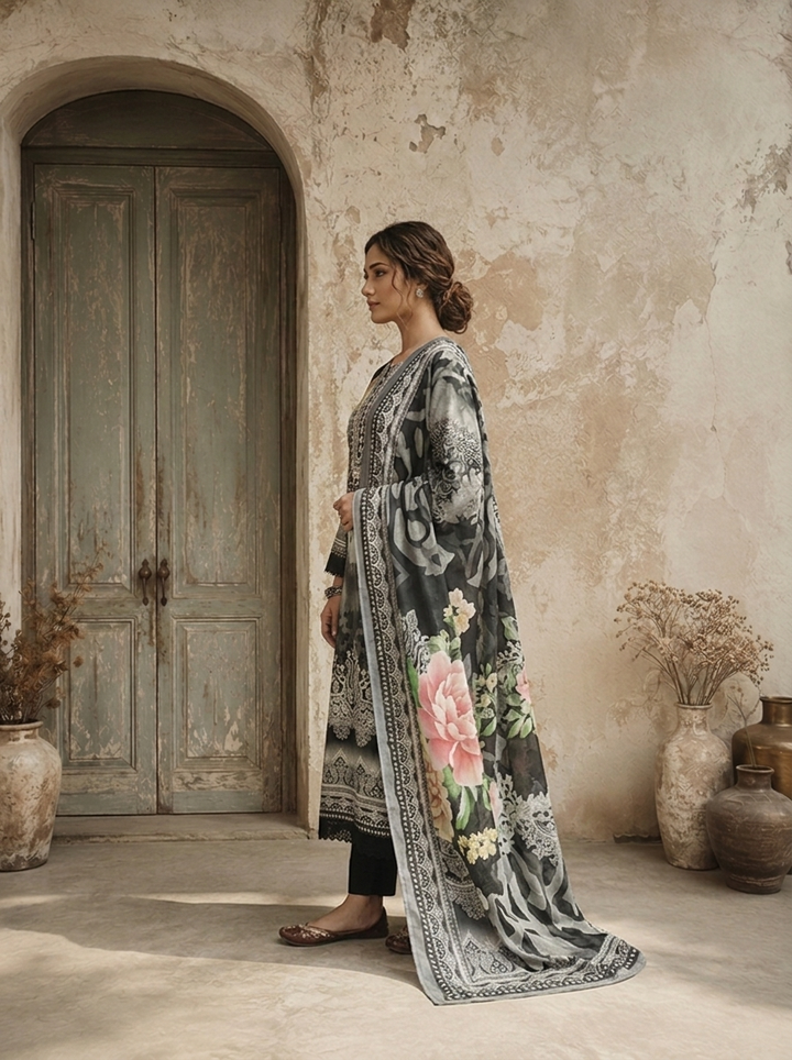 Black Rayon Ethnic Motif Printed Three Piece Set
