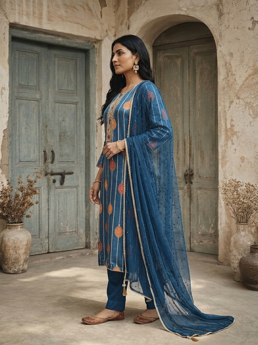 Blue Crepe Kalga Motif Printed Three Piece Set