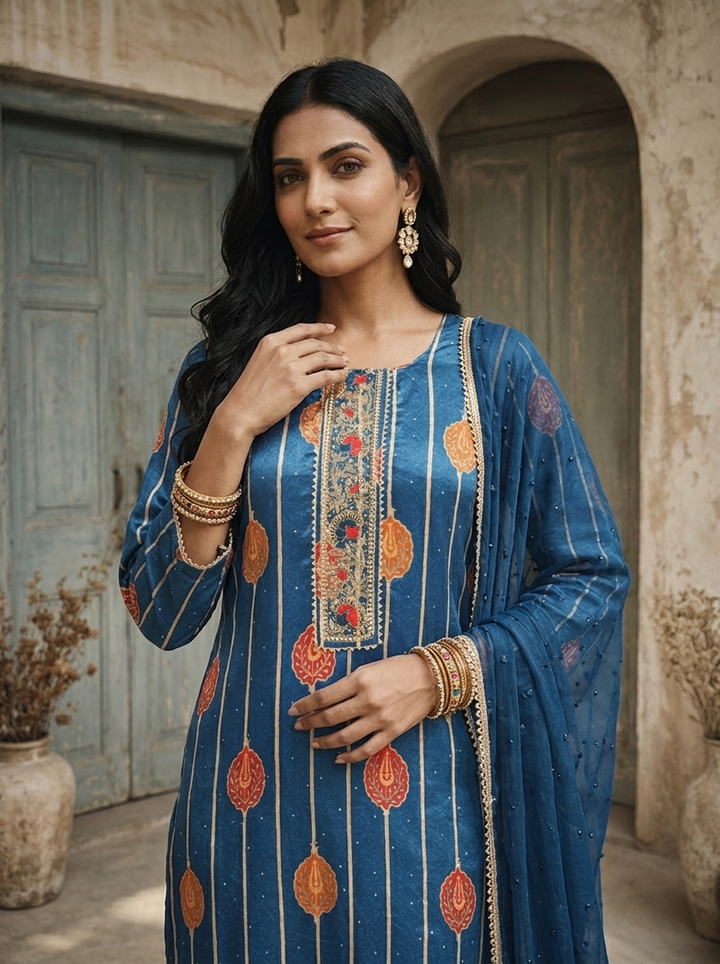 Blue Crepe Kalga Motif Printed Three Piece Set