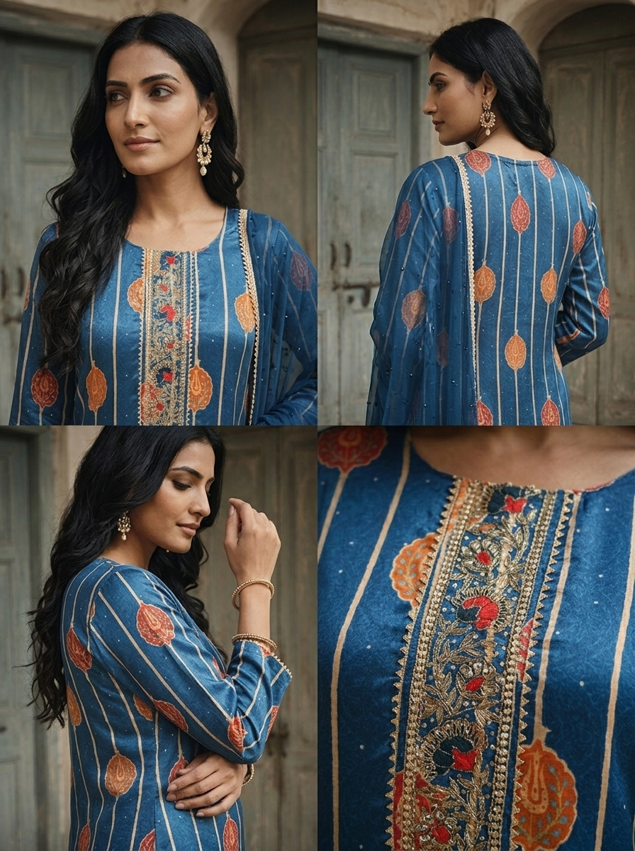 Blue Crepe Kalga Motif Printed Three Piece Set