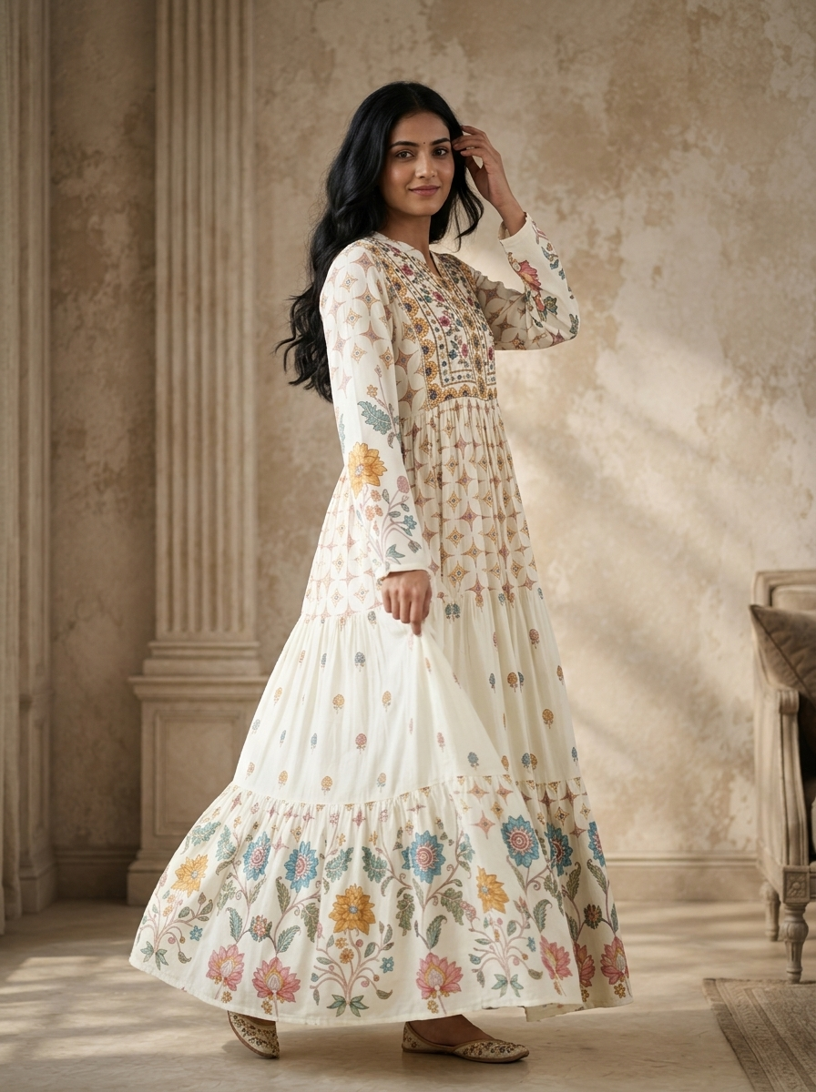 White Rayon Multicolor Chintz Floral Printed Long Dress