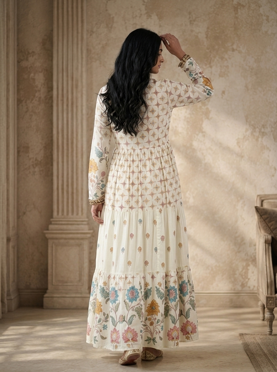 White Rayon Multicolor Chintz Floral Printed Long Dress