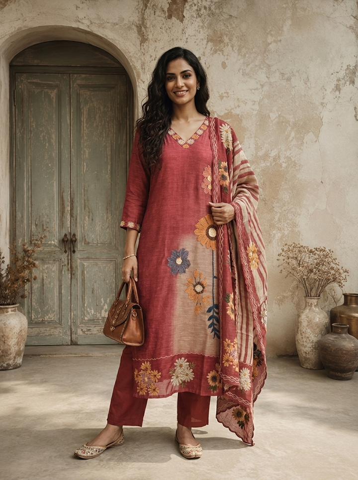 Onion Chanderi Floral Embroidered Three Piece Set