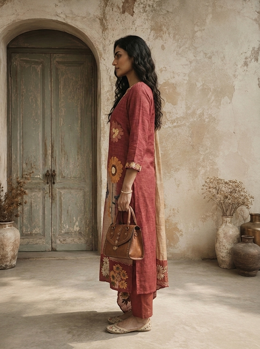 Onion Chanderi Floral Embroidered Three Piece Set