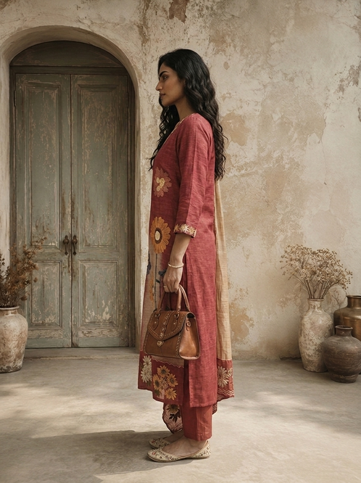 Onion Chanderi Floral Embroidered Three Piece Set