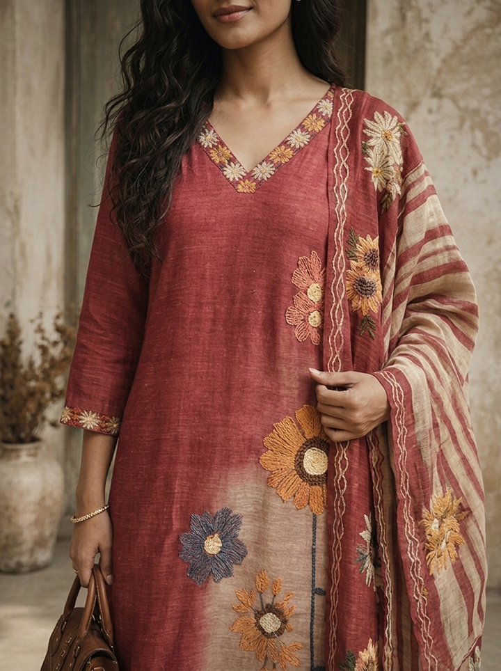 Onion Chanderi Floral Embroidered Three Piece Set