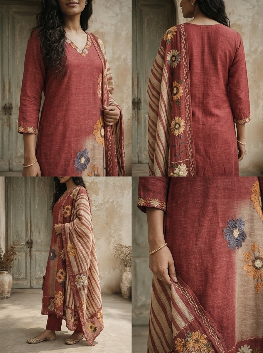 Onion Chanderi Floral Embroidered Three Piece Set