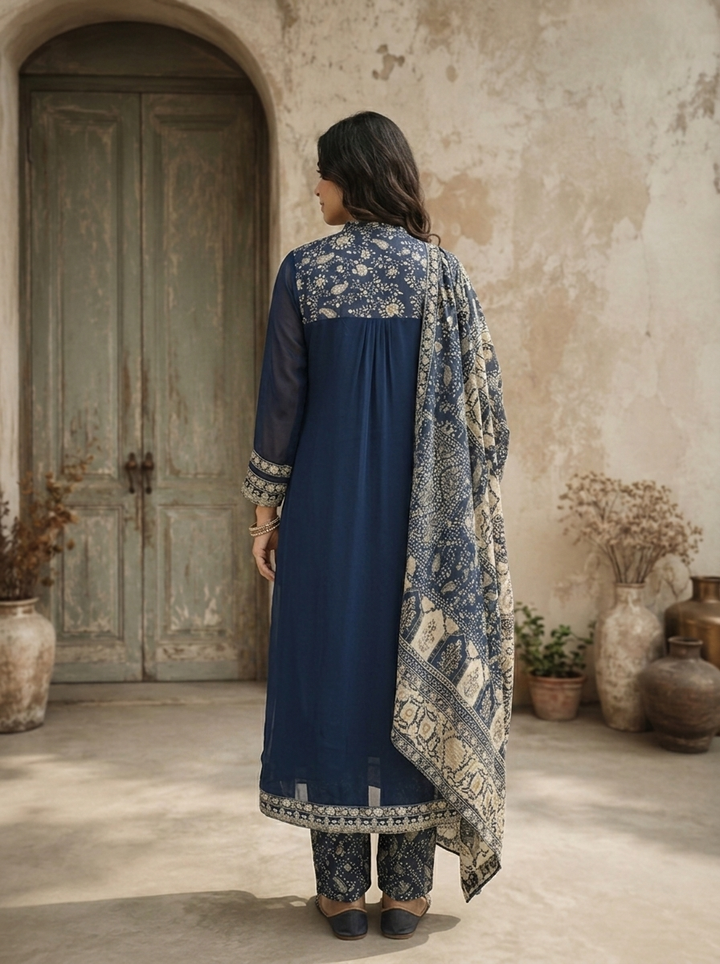 Navy Blue Georgette Ethnic Motif Printed Three Piece Set