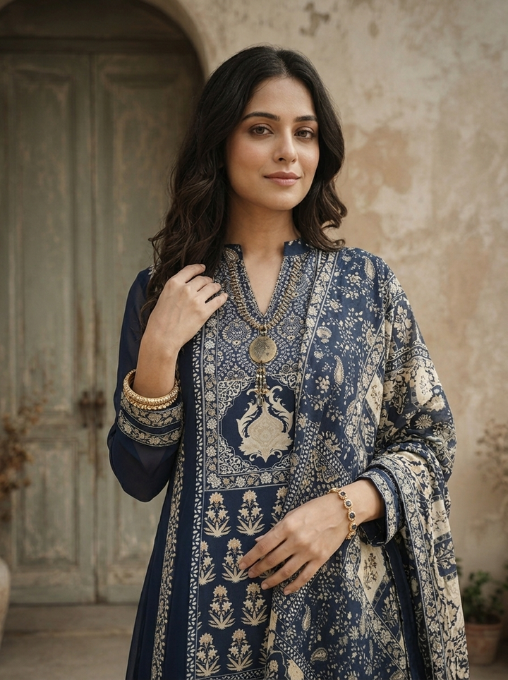 Navy Blue Georgette Ethnic Motif Printed Three Piece Set