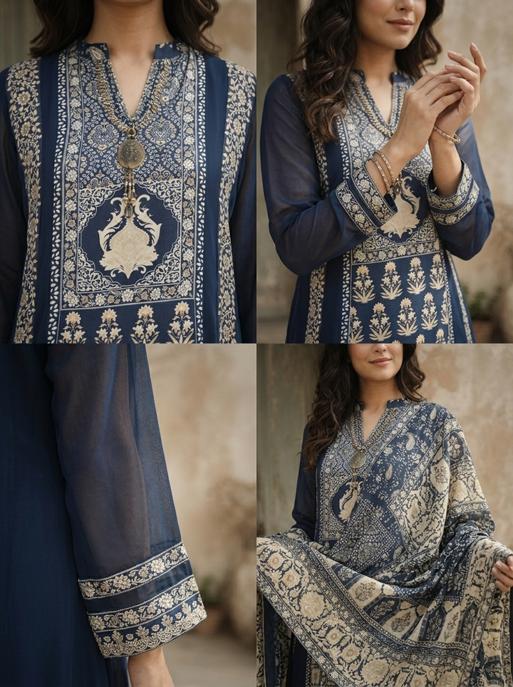 Navy Blue Georgette Ethnic Motif Printed Three Piece Set
