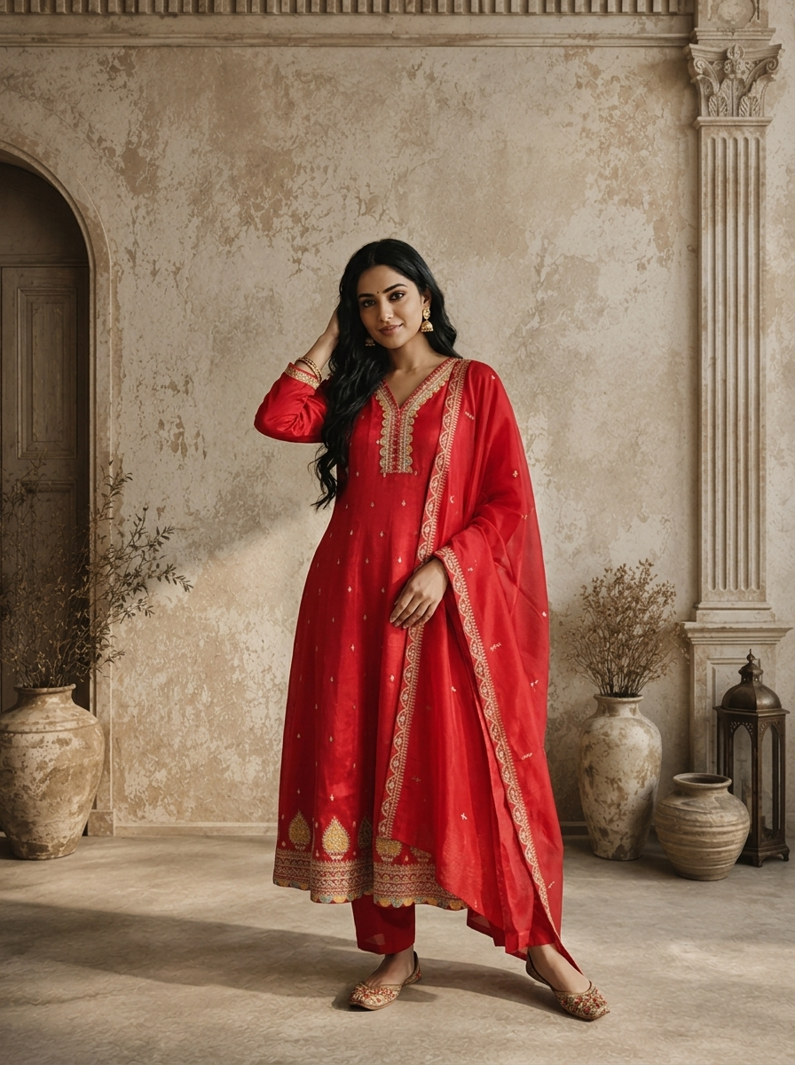 Magenta Silk Zari Boota Embroidered Three Piece Set