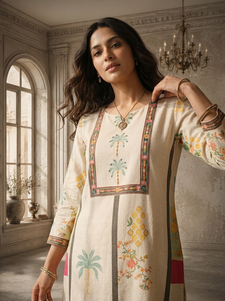 Off White Cotton Scenic Landscape Printed Kurta