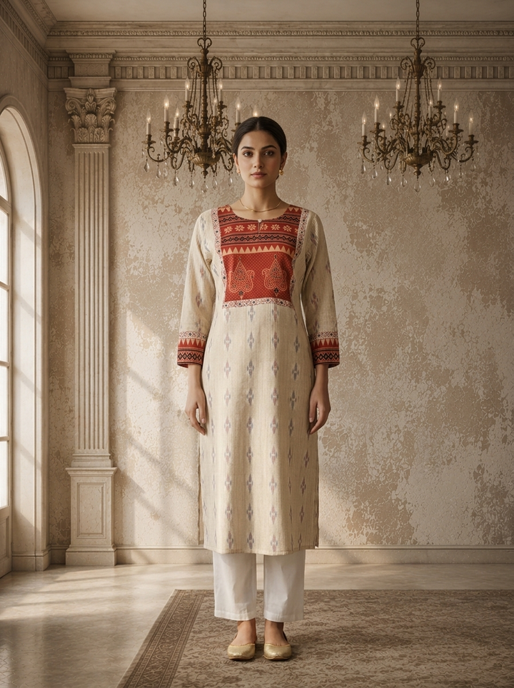 Rust Cotton Ajrakh Patch Printed Kurta