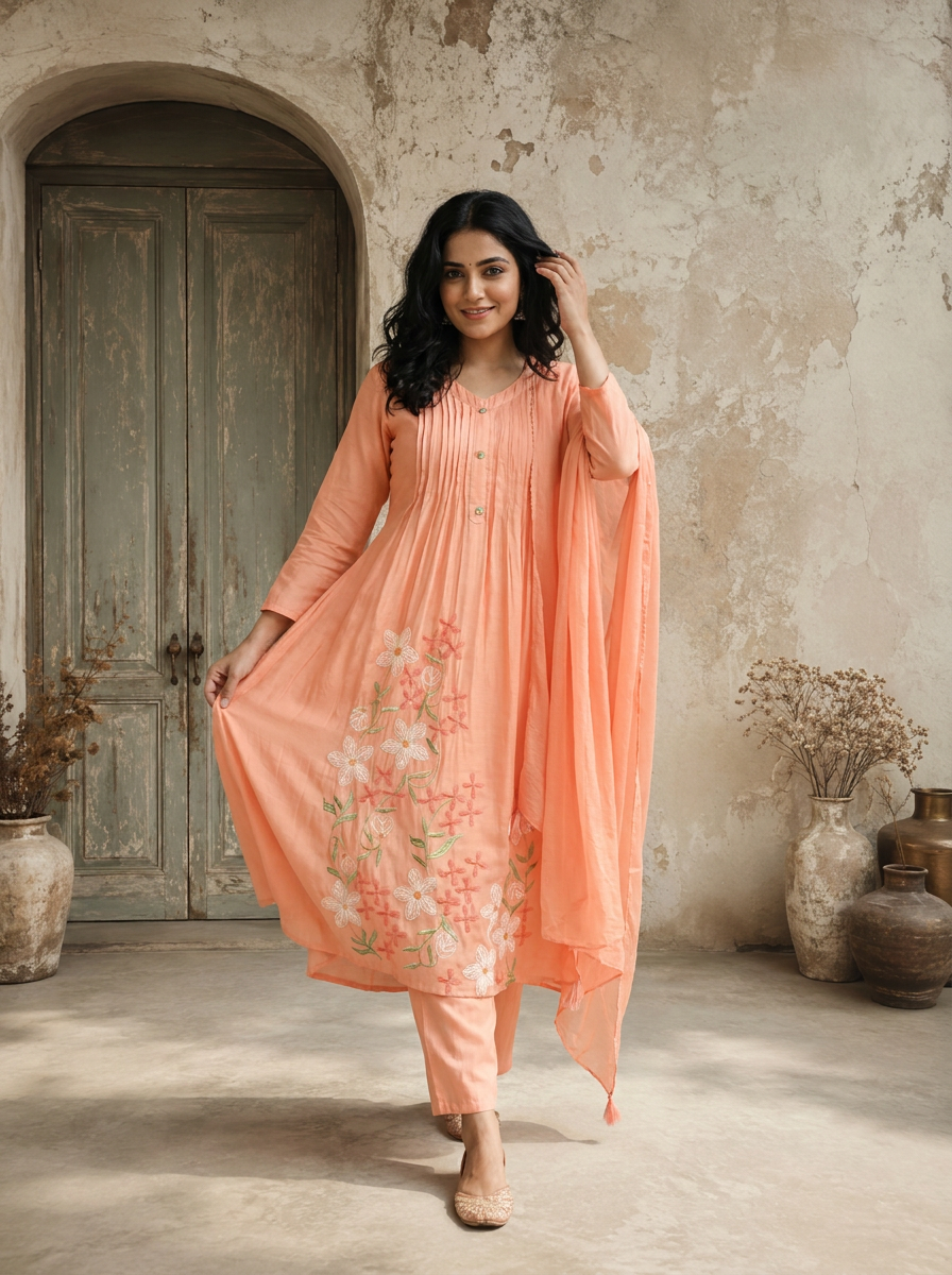Peach Silk Daisy Thread Embroidered Three Piece Set