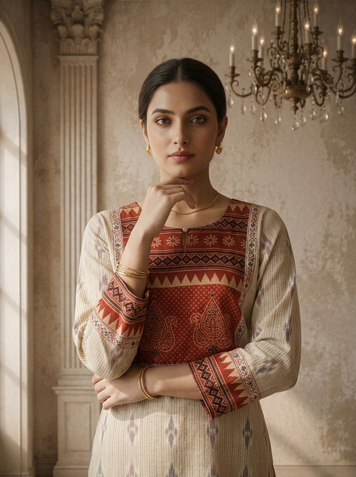 Rust Cotton Ajrakh Patch Printed Kurta