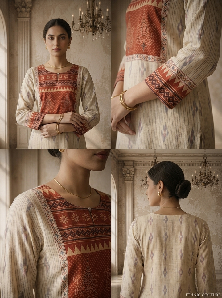 Rust Cotton Ajrakh Patch Printed Kurta