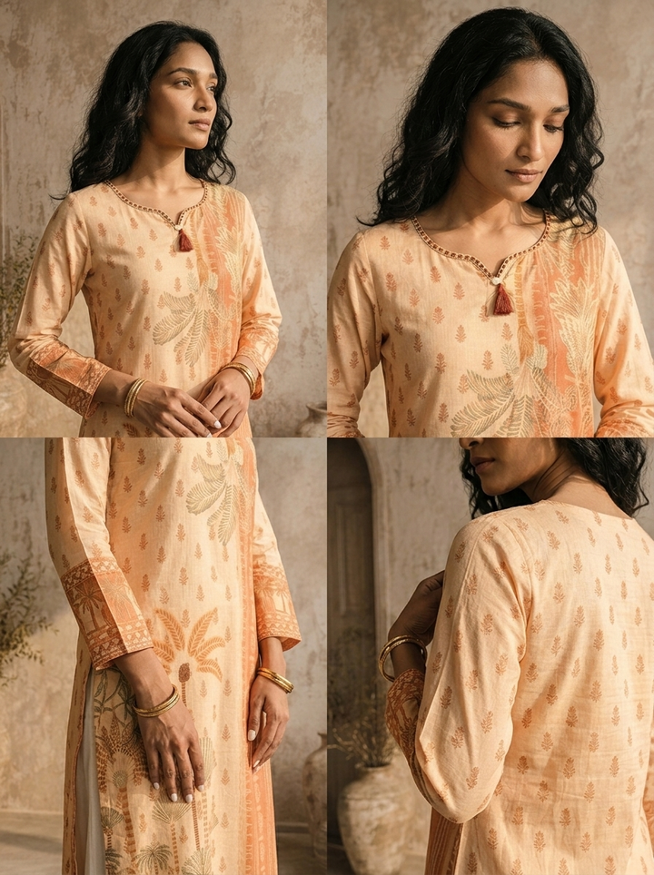 Cream Cotton Scenic Plam Tree Printed Kurta