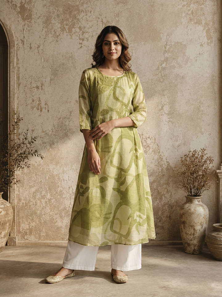 Pista Muslin Abstract Botanical And Geometric Printed Kurta