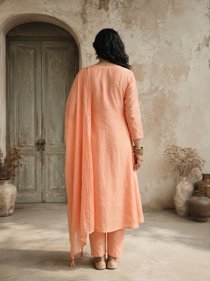 Peach Silk Daisy Thread Embroidered Three Piece Set