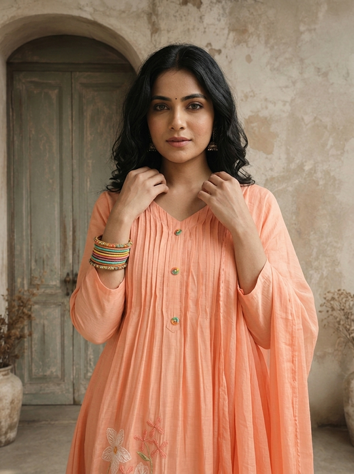 Peach Silk Daisy Thread Embroidered Three Piece Set
