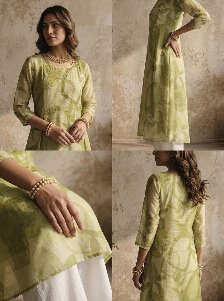 Pista Muslin Abstract Botanical And Geometric Printed Kurta