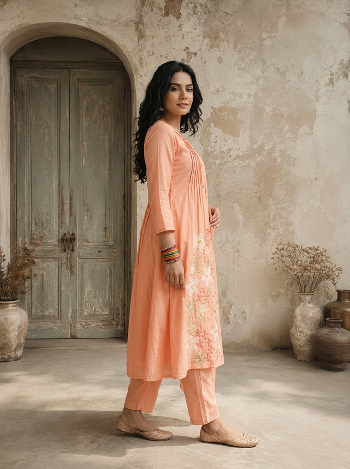 Peach Silk Daisy Thread Embroidered Three Piece Set