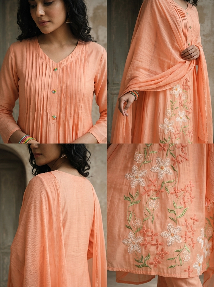 Peach Silk Daisy Thread Embroidered Three Piece Set